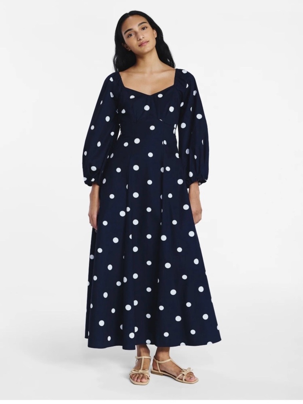 Free Assembly Darkest Navy Polka Dot Maxi Dress with Sweetheart Bodice